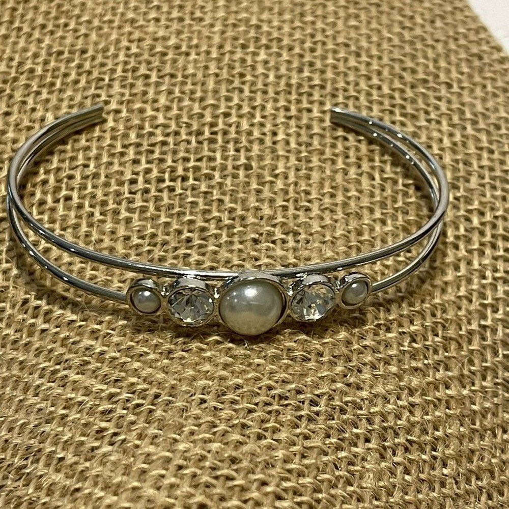 silver tone cuff bracelet rhinestone faux pearl  dainty elegant Wedding